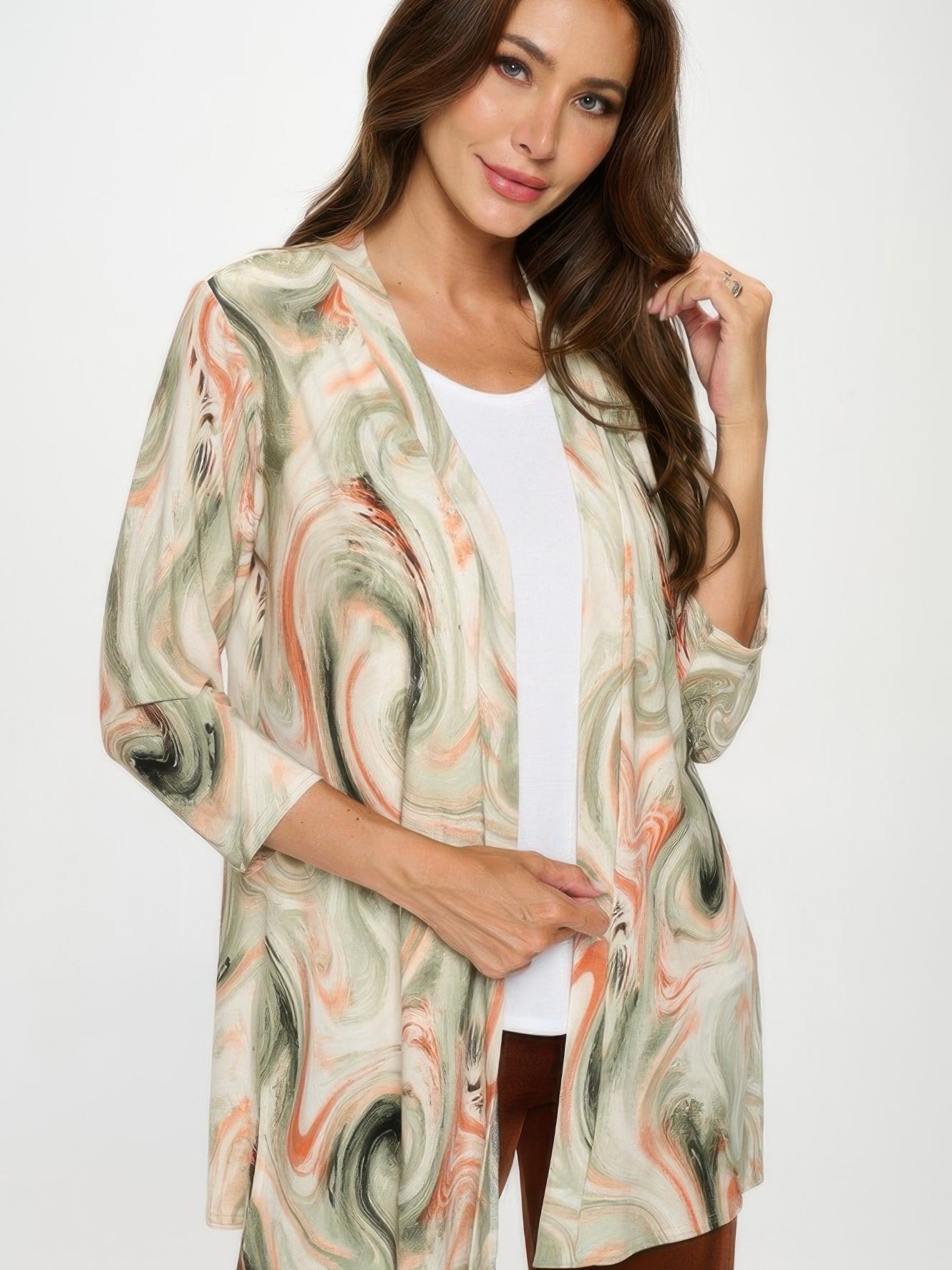 Long Sleeve Cardigan featuring a bold swirl print in soft colors, perfect for layering and comfort.