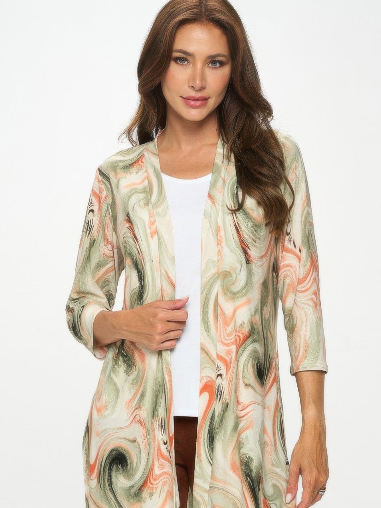 Long Sleeve Cardigan model wearing a lightweight, bold printed cardigan with a stylish open front design.