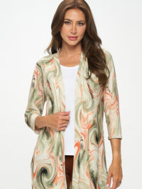 Long Sleeve Cardigan model wearing a lightweight, bold printed cardigan with a stylish open front design.