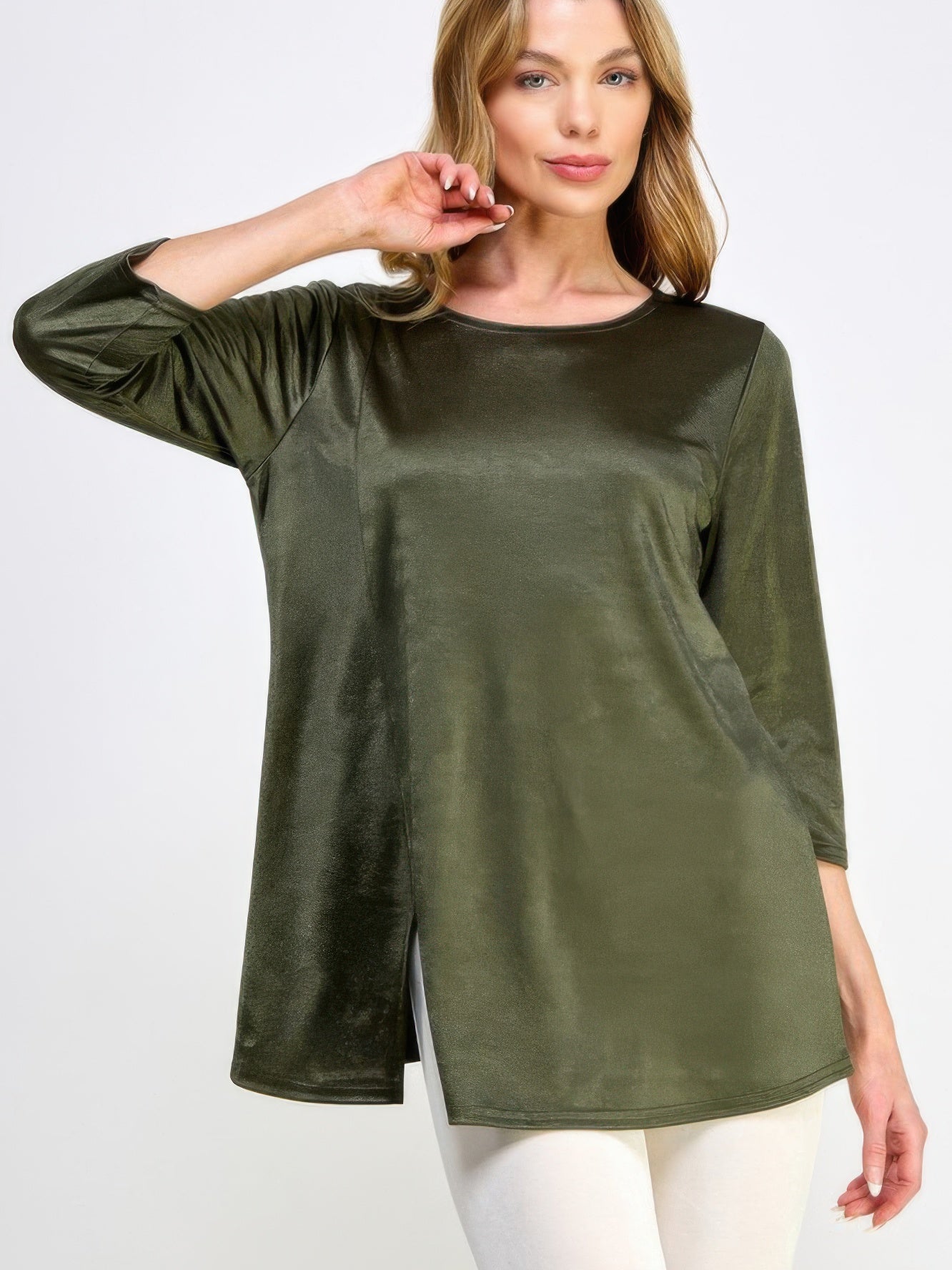 Model wearing Washed Satin Elegance Top in olive green with three-quarter sleeves and relaxed silhouette.