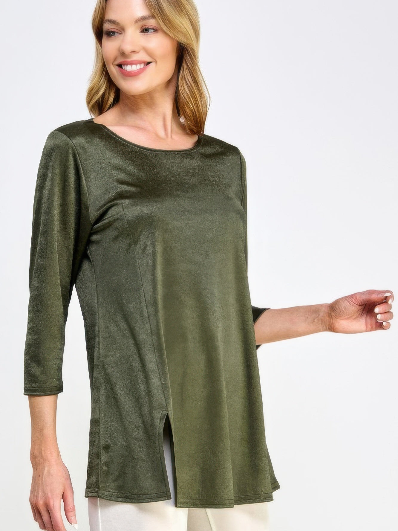 Washed Satin Elegance Top in green, featuring round neckline and three-quarter sleeves for sophisticated style.