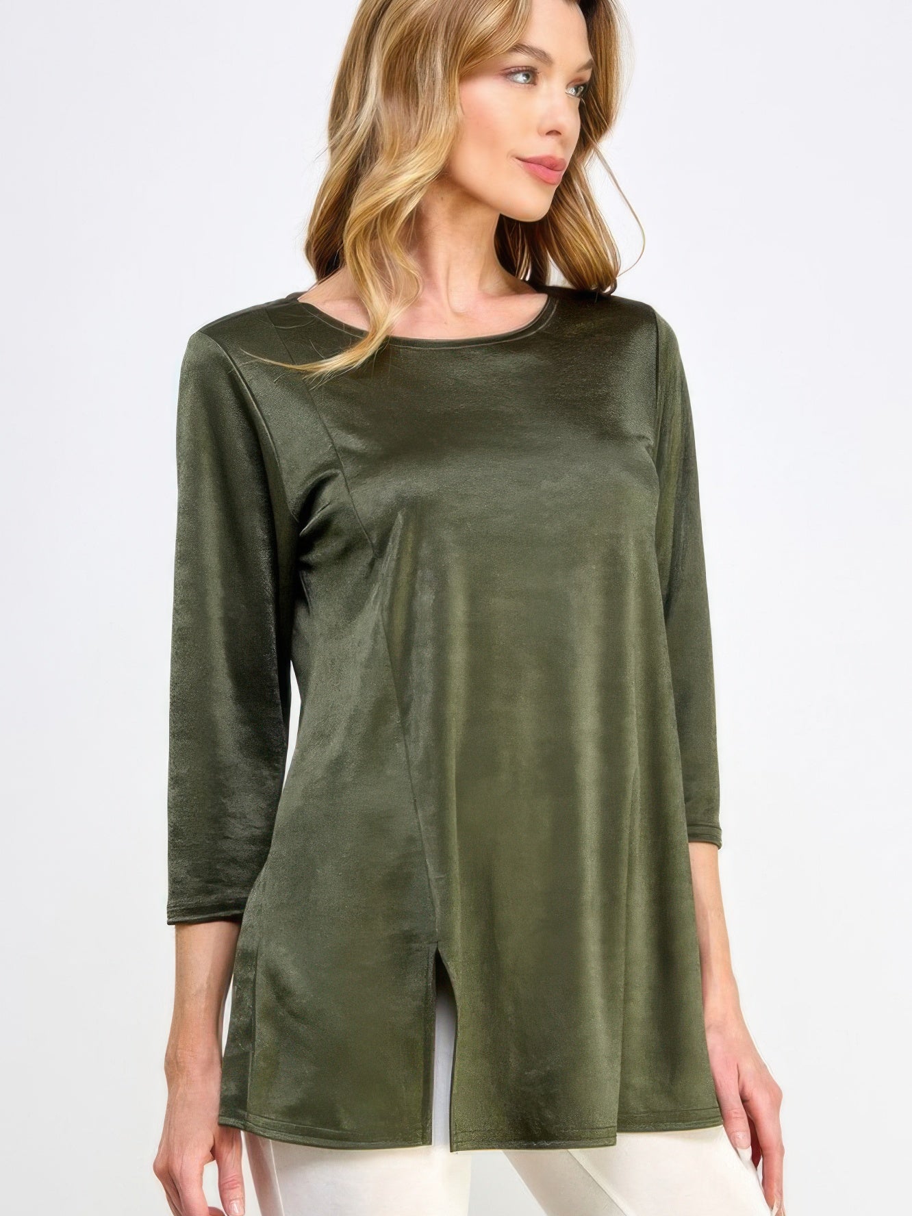 Washed Satin Elegance Top in olive green with three-quarter sleeves and relaxed silhouette, showcasing subtle sheen and fluid feel.