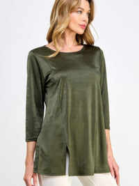 Washed Satin Elegance Top in olive green with three-quarter sleeves and relaxed silhouette, showcasing subtle sheen and fluid feel.