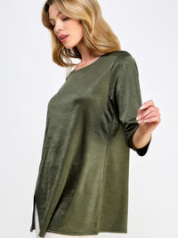 Washed Satin Elegance Top in olive green featuring a round neckline and three-quarter sleeves for a sophisticated look.