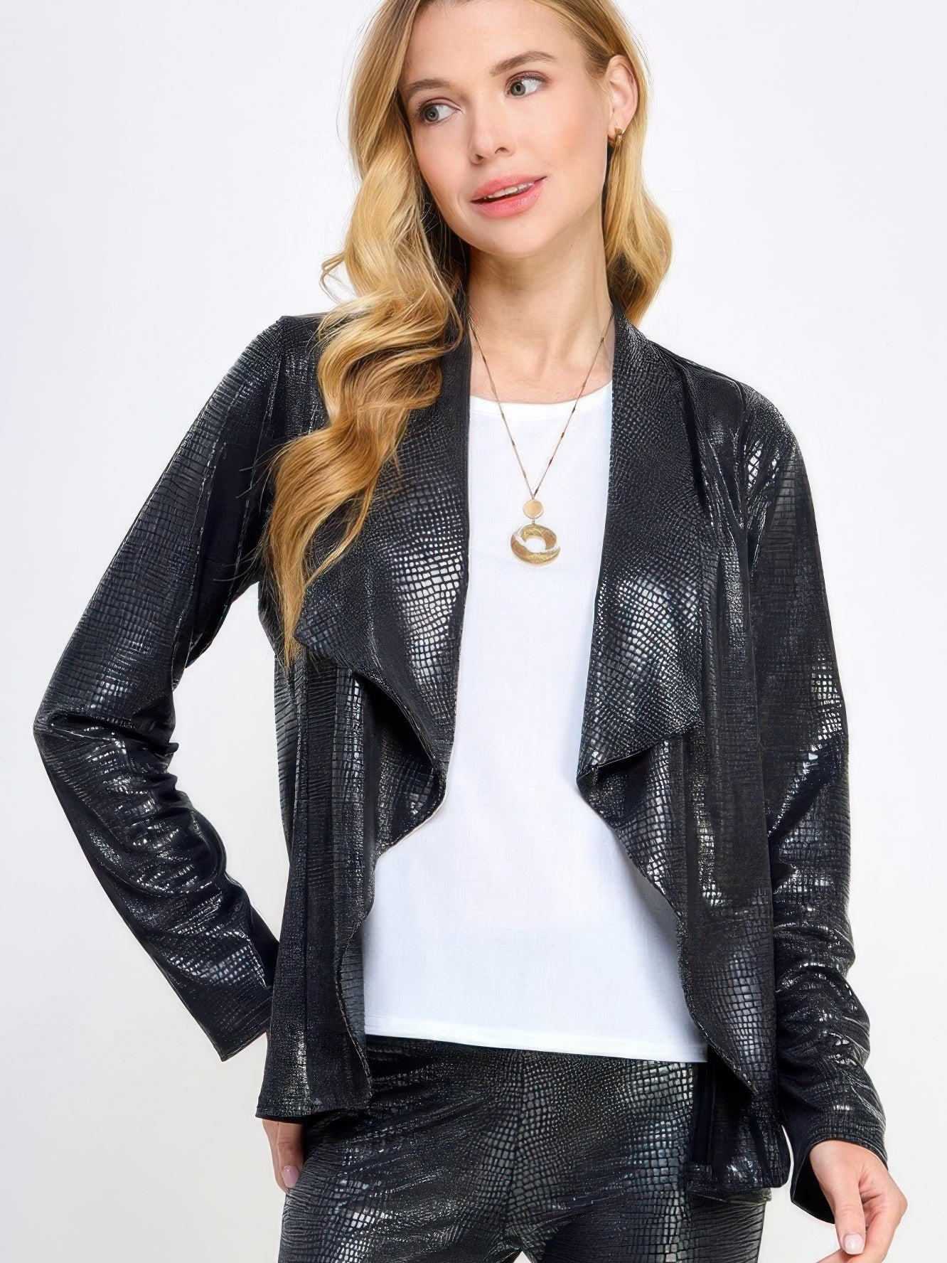 Long Sleeve Pleather Snake Skin Look Jacket worn by model, featuring a draped design and faux-leather texture.