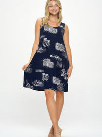 Sleeveless Tank Dress with Round Neckline displayed on a model, featuring a navy color and unique white patterns.