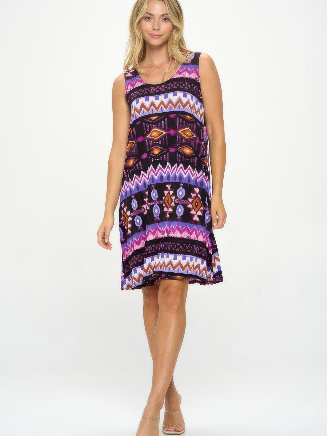 Sleeveless Tank Dress with Round featuring vibrant patterns and a comfortable, flowy design.