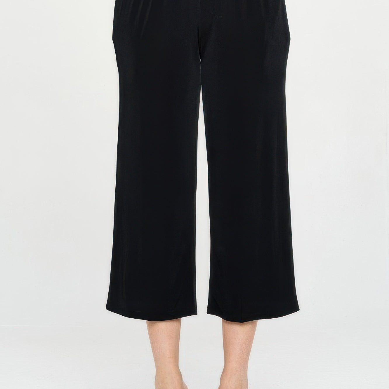 Elastic Waistband Ankle Pants with Pockets in black, featuring an elastic waistband and wide leg design.