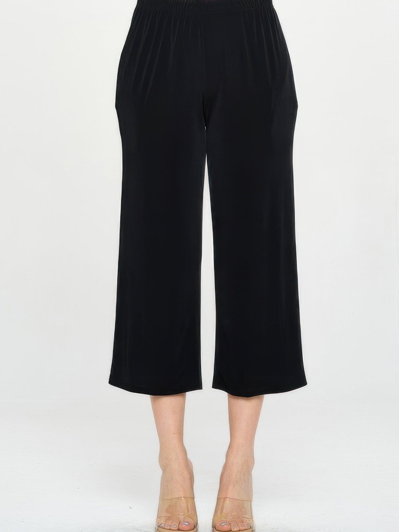 Elastic Waistband Ankle Pants with Pockets in black, featuring an elastic waistband and wide leg design.