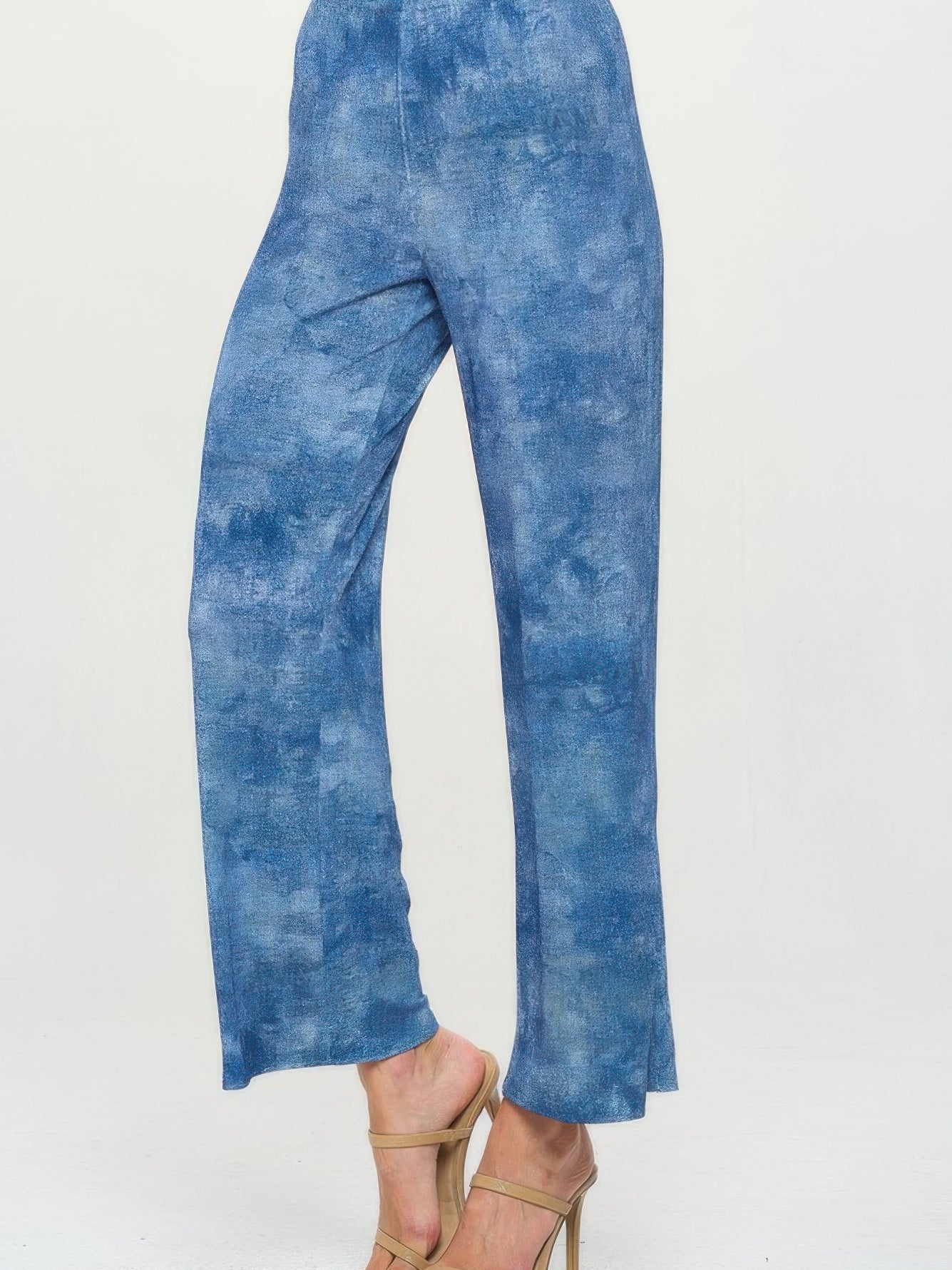 Elastic Waistband Flared Pants in blue denim print, featuring an elastic waistband and stylish flare for vintage charm.