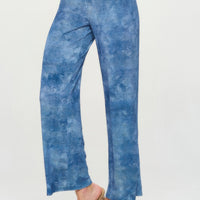 Elastic Waistband Flared Pants in blue denim print, featuring an elastic waistband and stylish flare for vintage charm.