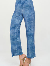 Elastic Waistband Flared Pants in blue denim print, featuring an elastic waistband and stylish flare for vintage charm.