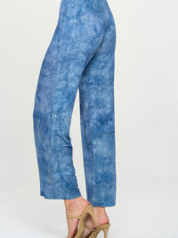 Elastic Waistband Flared Pants in blue denim print with a comfortable fit and stylish flare.