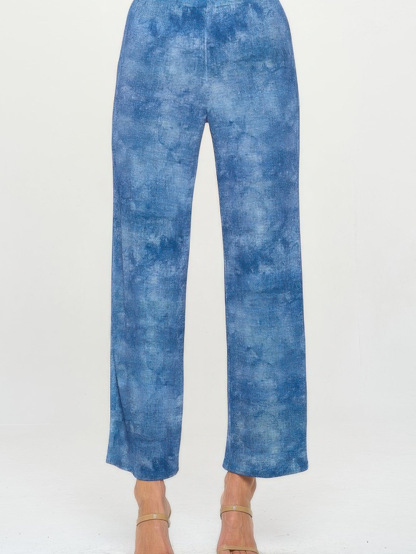 Elastic Waistband Flared Pants in blue denim print with full-length flare and elastic waistband for comfort.