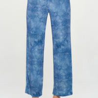 Elastic Waistband Flared Pants in blue denim print with full-length flare and elastic waistband for comfort.