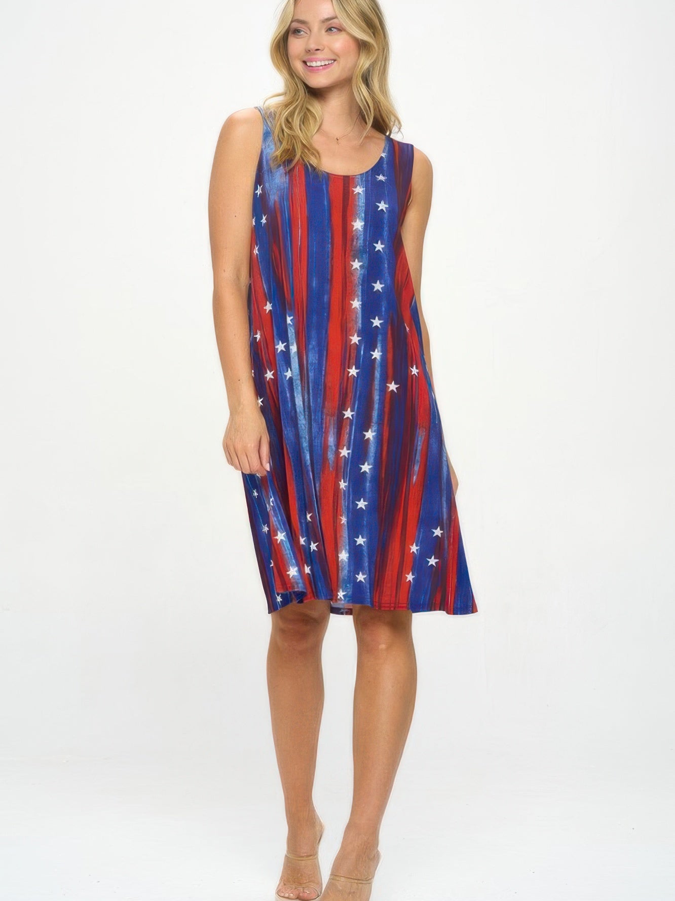 BNS Missy Tank Dress featuring a sleeveless design with a vibrant red, white, and blue printed pattern.