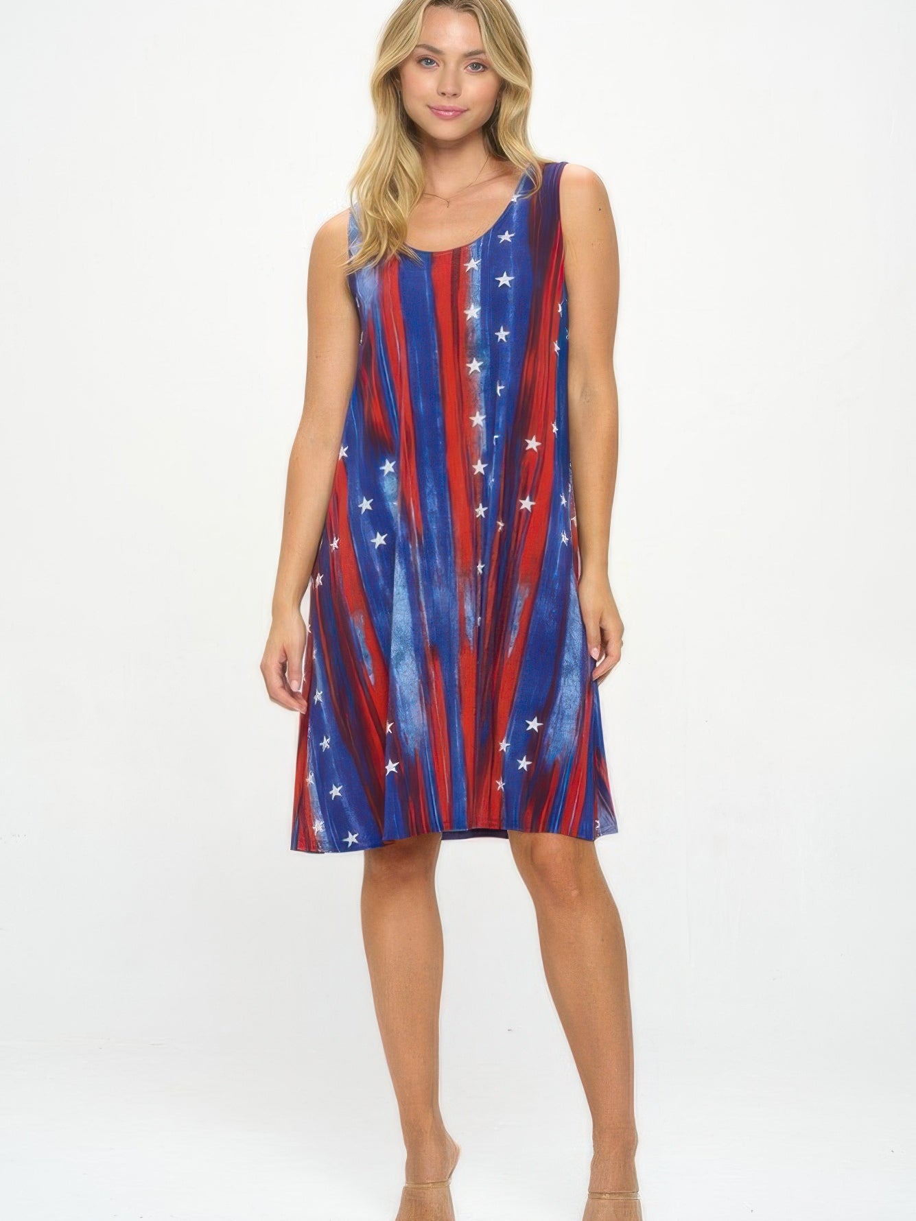 BNS Missy Tank Dress showcased on a model, featuring a sleeveless design with red, blue, and white print.