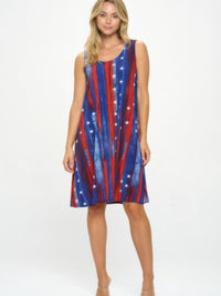 BNS Missy Tank Dress showcased on a model, featuring a sleeveless design with red, blue, and white print.