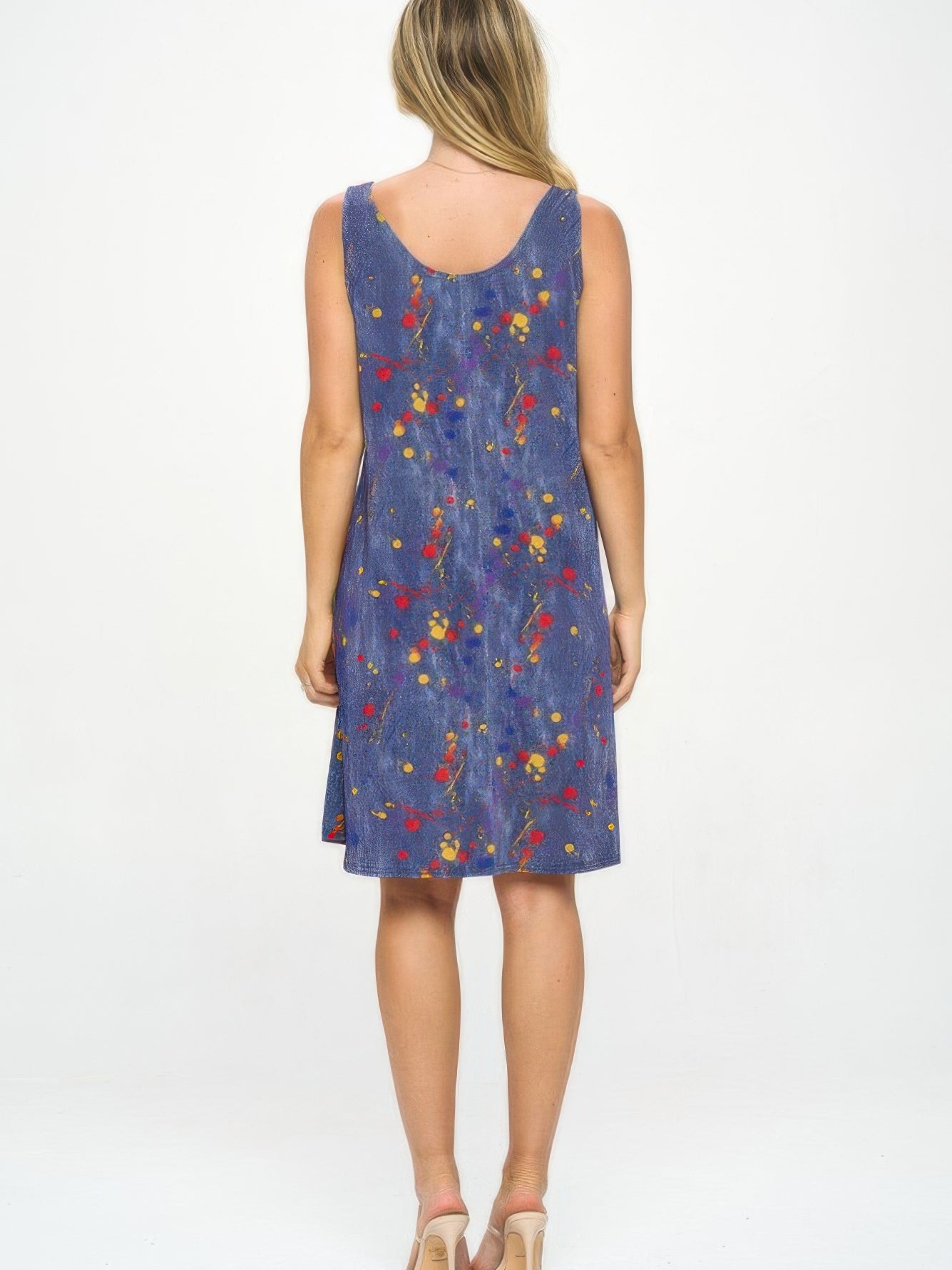 Back view of BNS Missy Tank Dress featuring a colorful floral print and a comfortable sleeveless design.