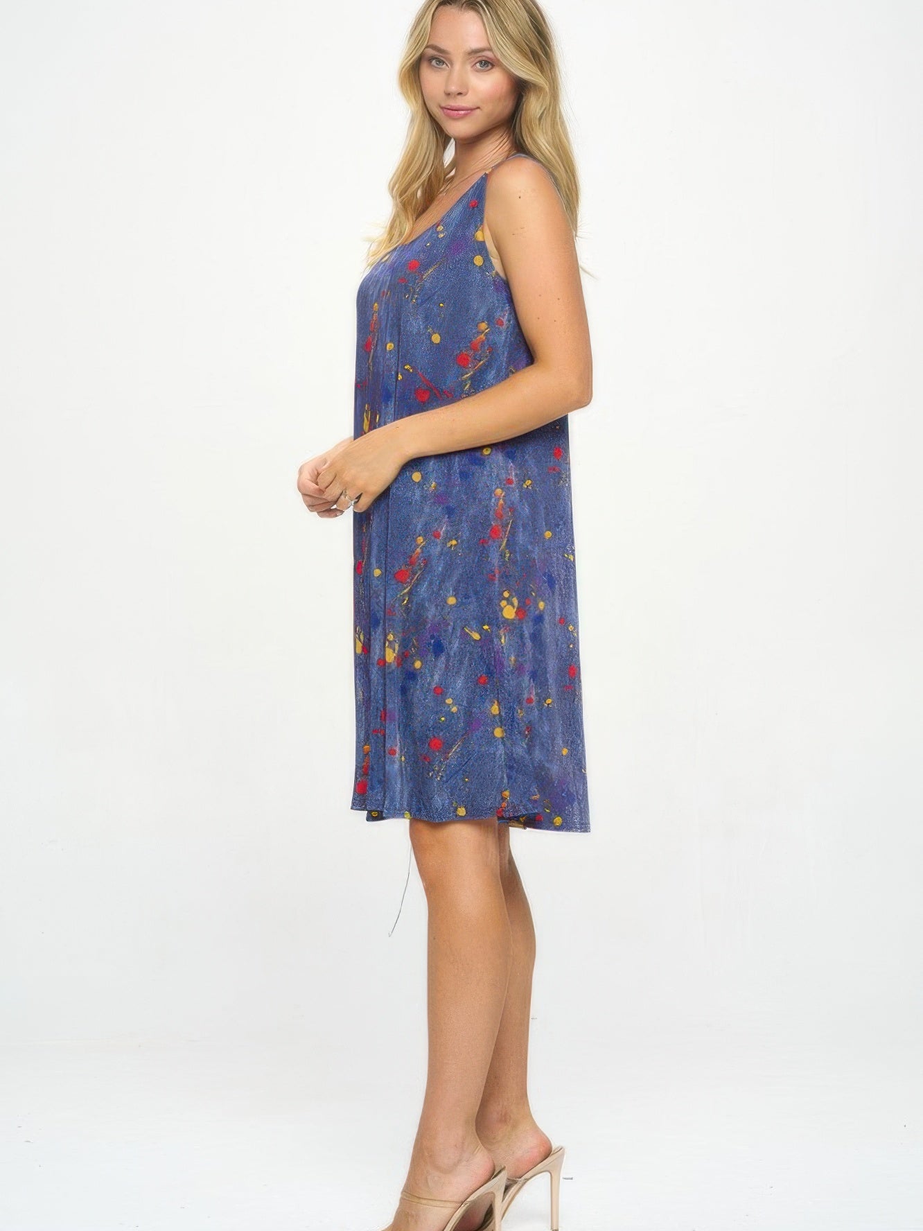 BNS Missy Tank Dress in blue with floral print, showcasing a sleeveless design and comfortable fit.