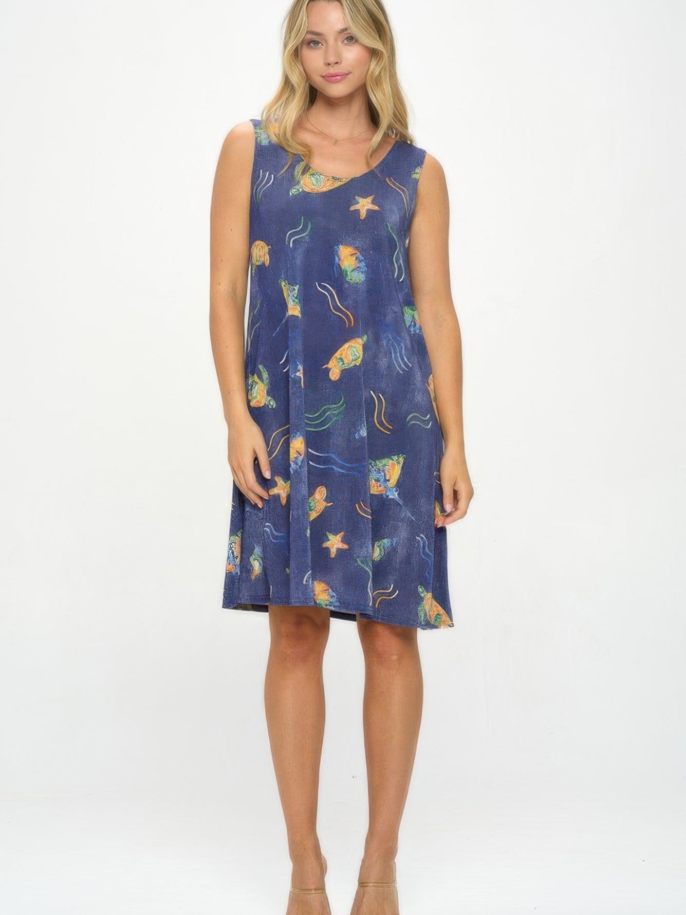 BNS Missy Tank Dress in a sleeveless design featuring a vibrant printed pattern on a navy background.