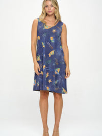 BNS Missy Tank Dress in a sleeveless design featuring a vibrant printed pattern on a navy background.