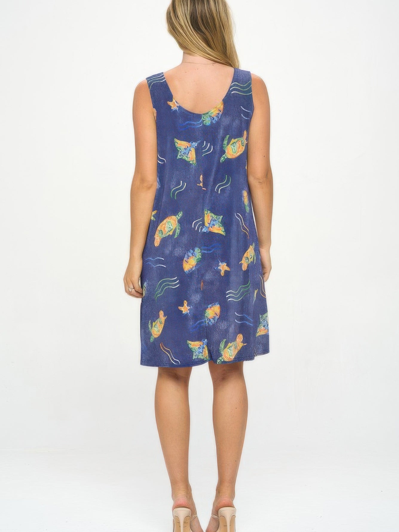 BNS Missy Tank Dress back view, sleeveless design with colorful print, perfect for casual outings.