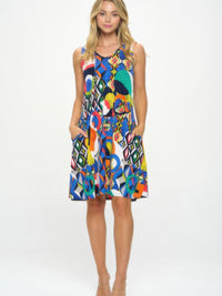 HIT V-Neck Bias Pocket Tank Dress featuring vibrant prints and functional side pockets.