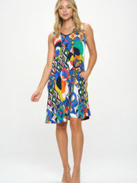 HIT V-Neck Bias Pocket Tank Dress in a colorful print with pockets, perfect for warm weather and everyday wear.