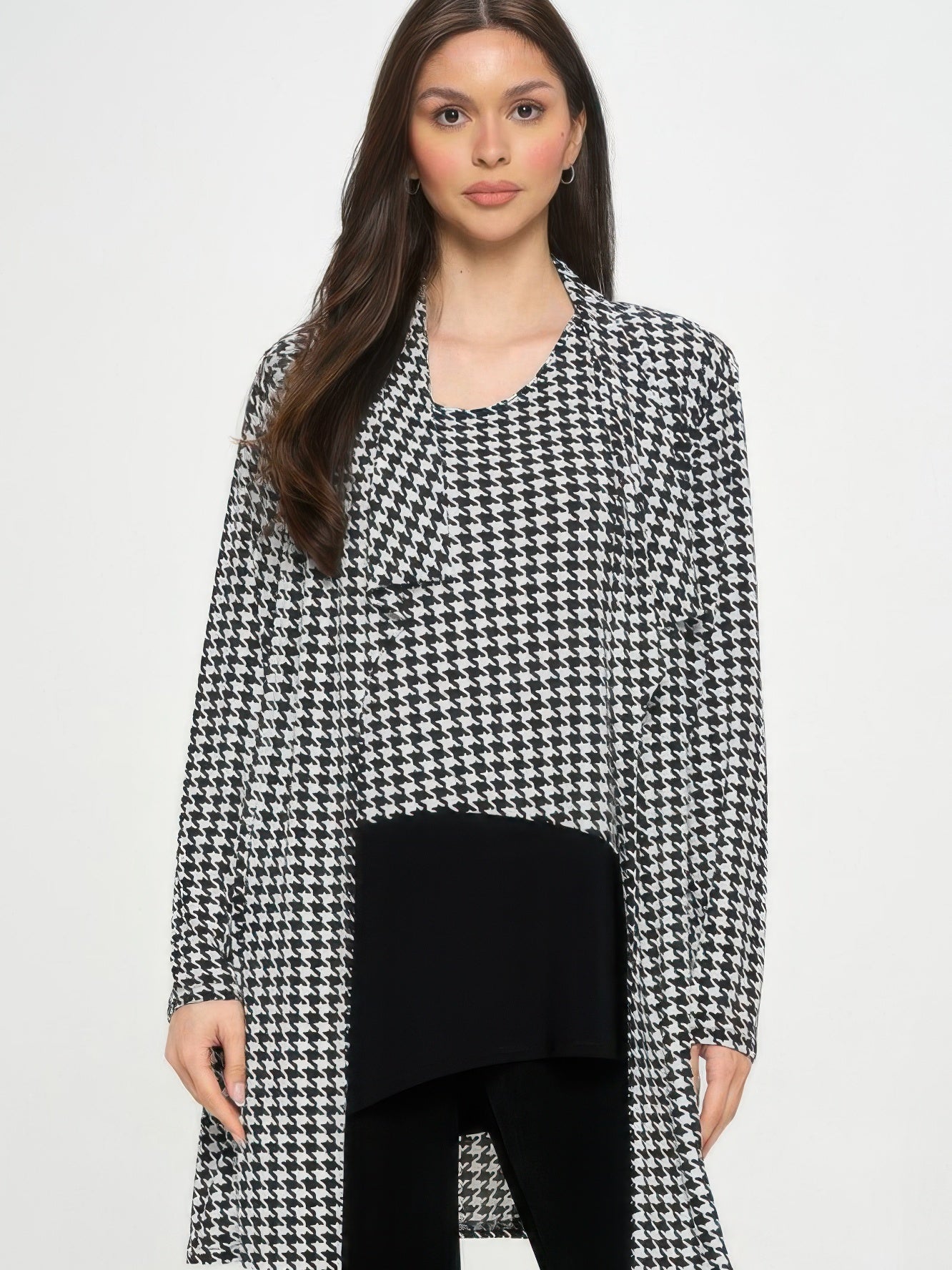 Houndstooth Print Jacket worn by a model, featuring classic black and white houndstooth pattern and flattering fit.