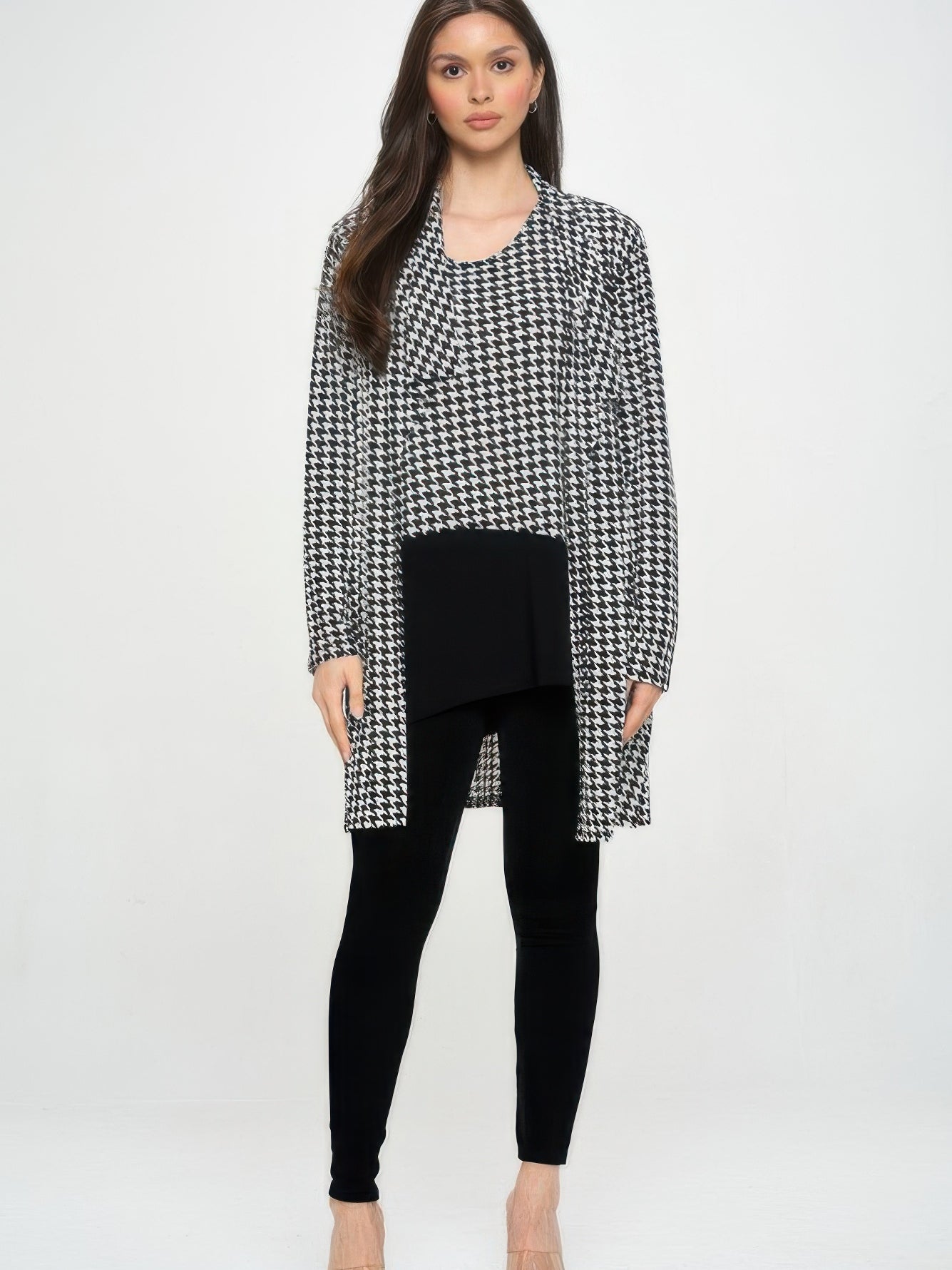 Houndstooth Print Jacket styled with black leggings and a matching top, perfect for professional or casual wear.