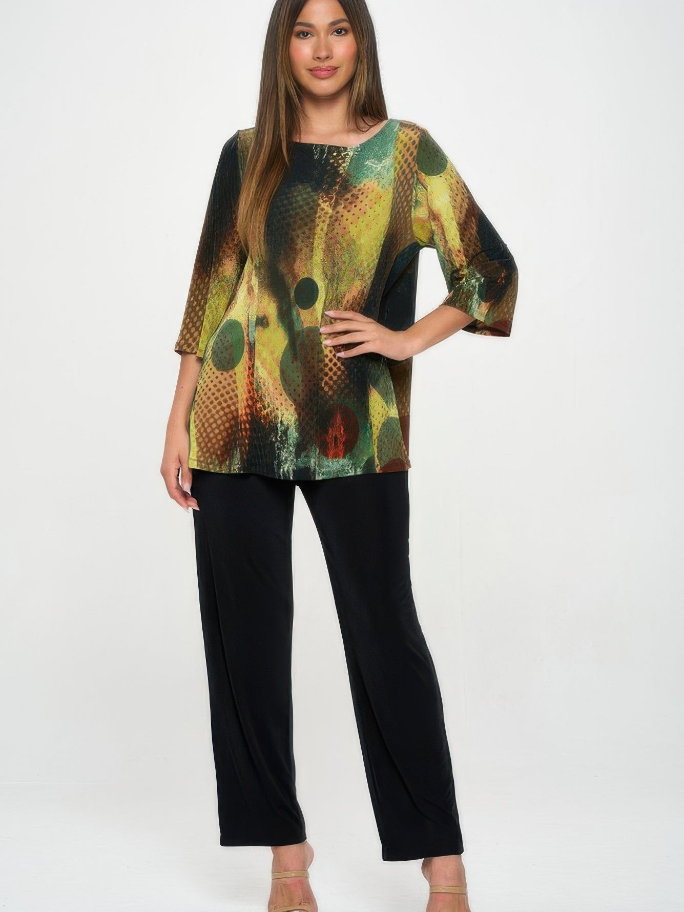 HIT Boat Neck Three Quarter Sleeve Top displayed with black pants, featuring a colorful abstract design.