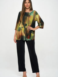 HIT Boat Neck Three Quarter Sleeve Top displayed with black pants, featuring a colorful abstract design.