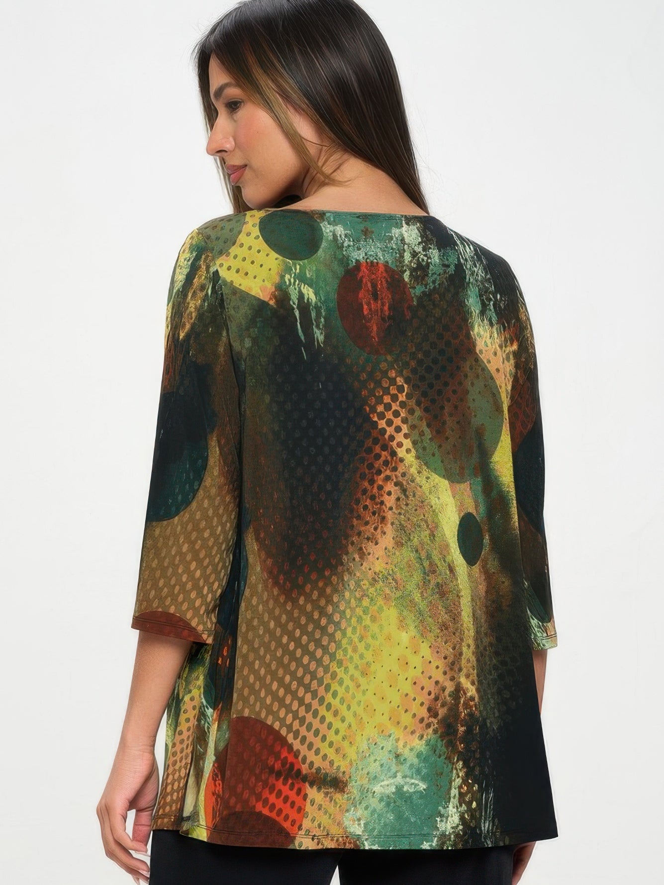 HIT Boat Neck Three Quarter Sleeve Top in vibrant abstract pattern, showcasing back view and 3/4 sleeve design.