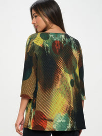 HIT Boat Neck Three Quarter Sleeve Top in vibrant abstract pattern, showcasing back view and 3/4 sleeve design.