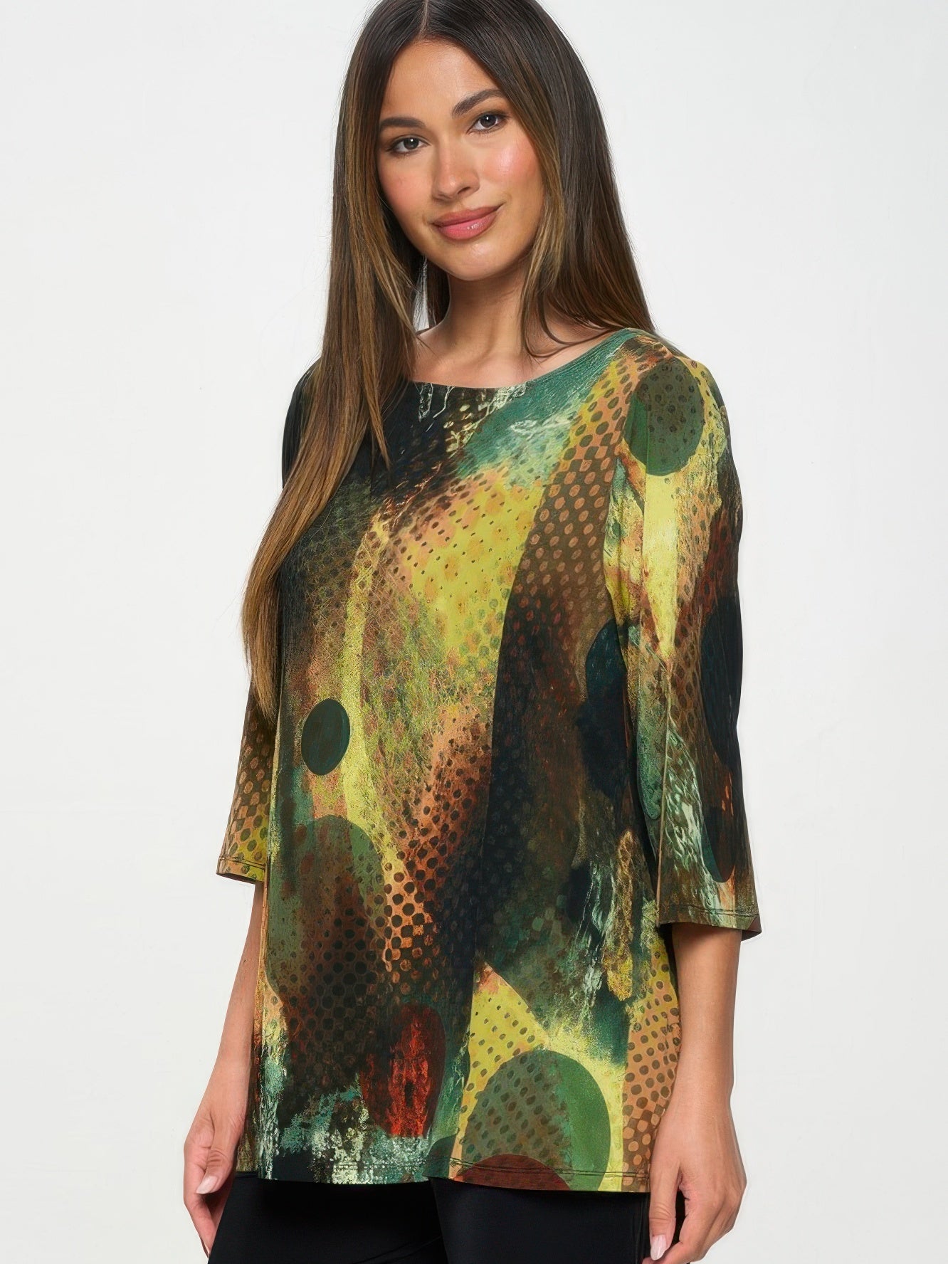 HIT Boat Neck Three Quarter Sleeve Top in vibrant colors and abstract patterns, perfect for stylish everyday wear.