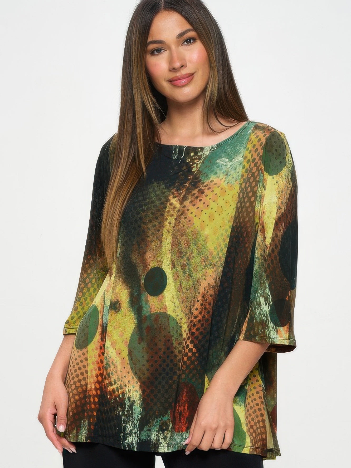 HIT Boat Neck Three Quarter Sleeve Top in an abstract multicolor print with a boat neckline and 3/4 sleeves.
