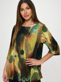 HIT Boat Neck Three Quarter Sleeve Top in colorful abstract pattern, showcasing a flattering design for versatile styling.
