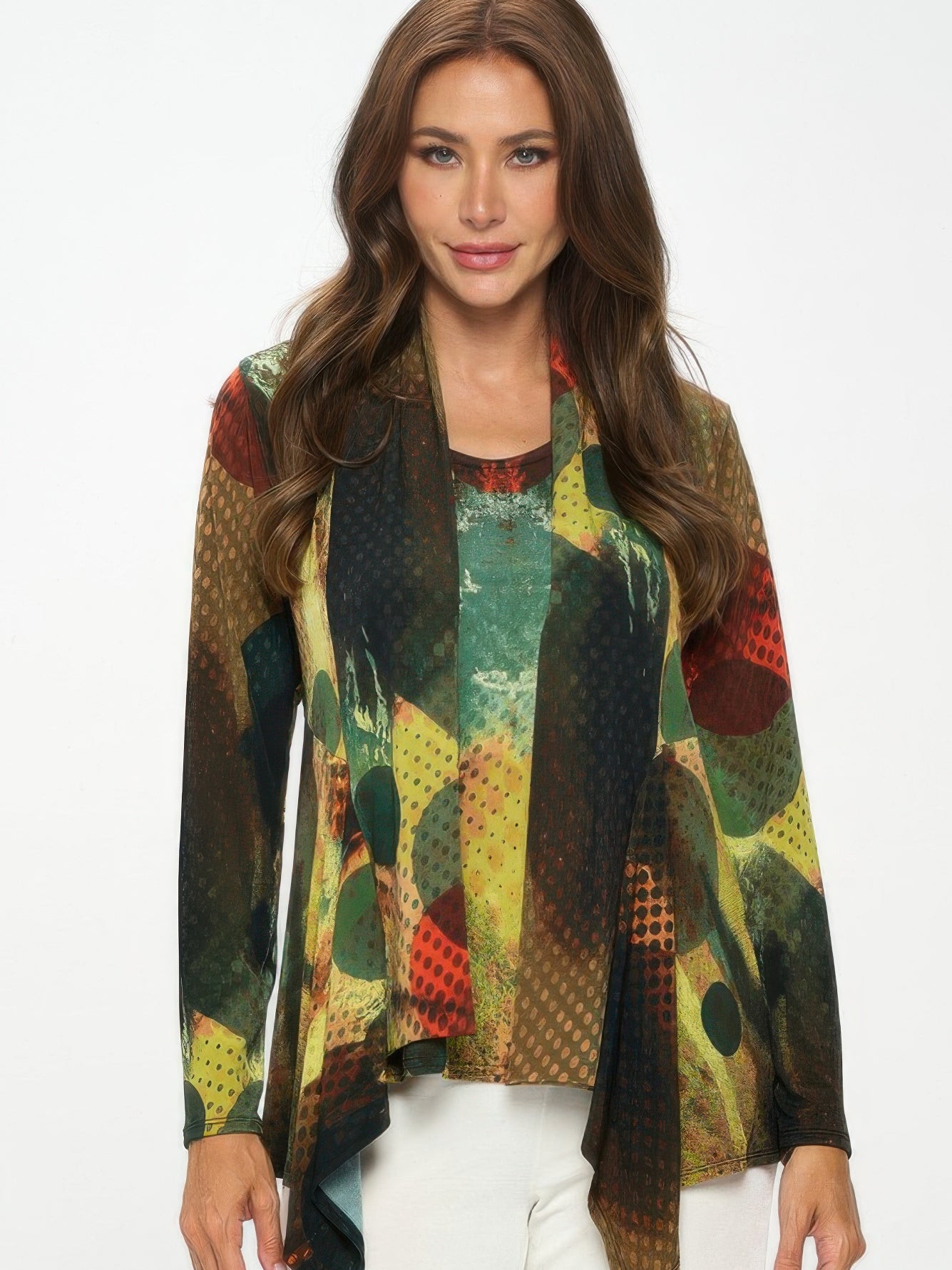 Model wearing the HIT Mid Cut Jacket featuring vivid print and flattering silhouette.