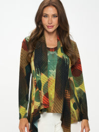 Model wearing the HIT Mid Cut Jacket featuring vivid print and flattering silhouette.