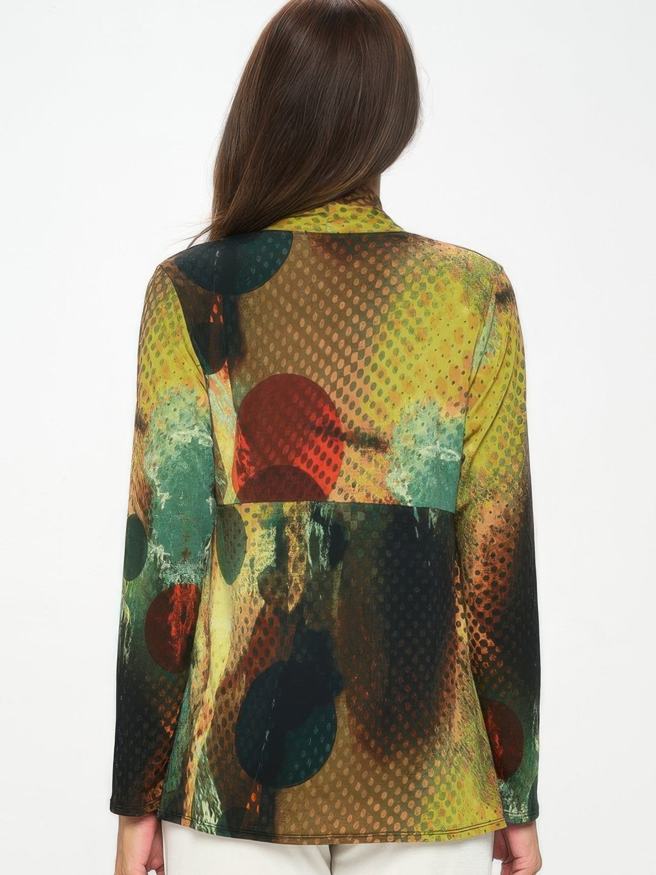 Woman wearing the HIT Mid Cut Jacket in a vibrant print, showcasing the back view and long sleeves.