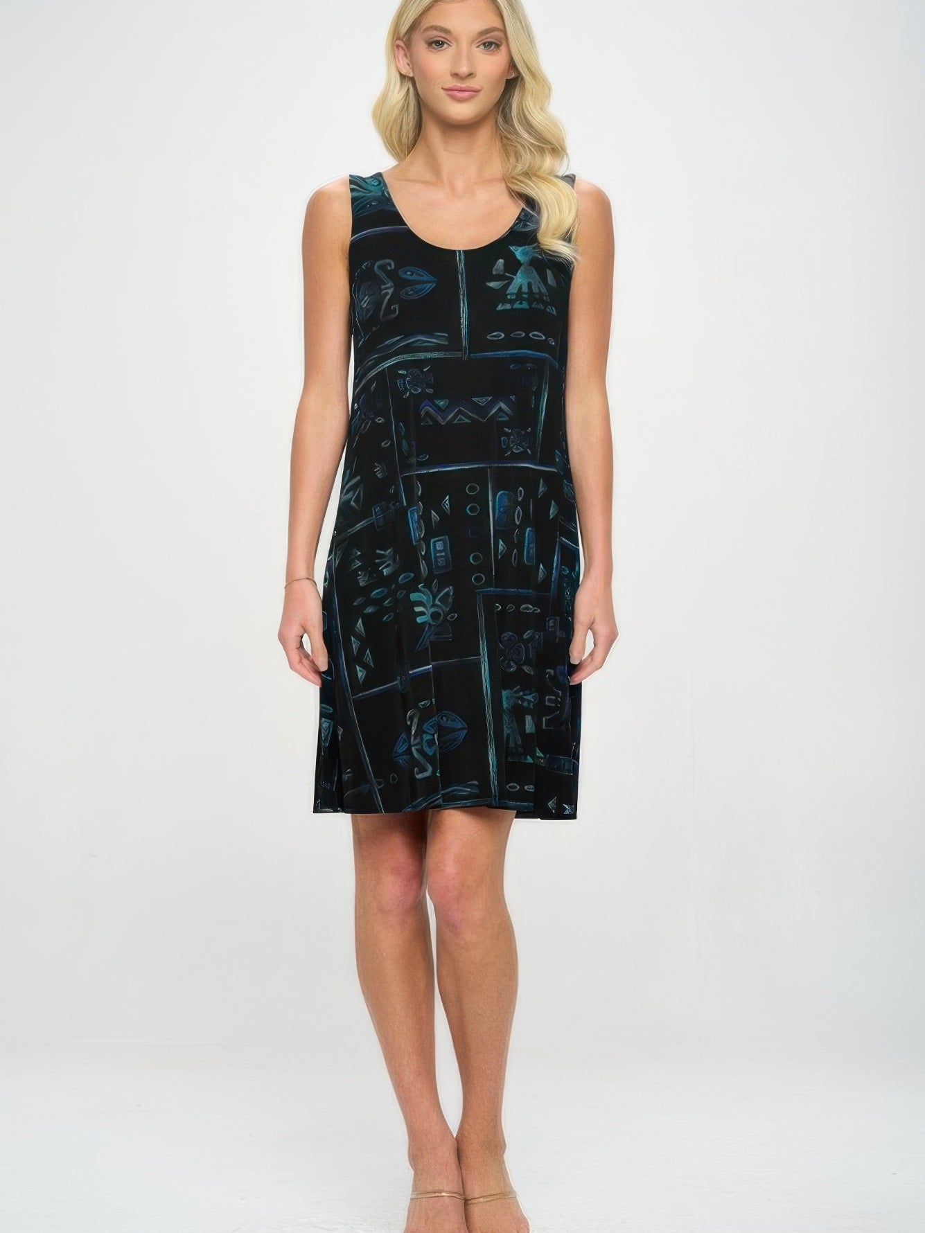BNS Missy Tank Dress in stylish black with teal and aqua design, perfect for casual gatherings.