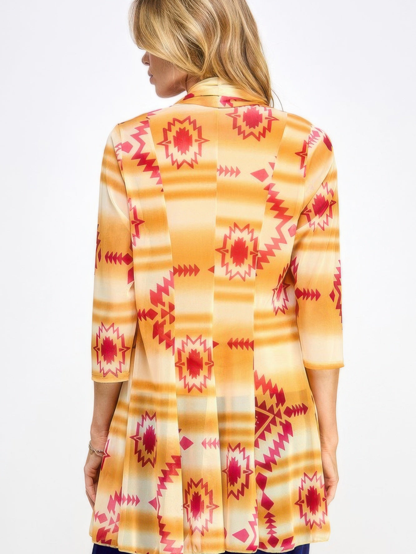 Back view of the Mr Princess Jacket showcasing a colorful geometric pattern in vibrant hues.