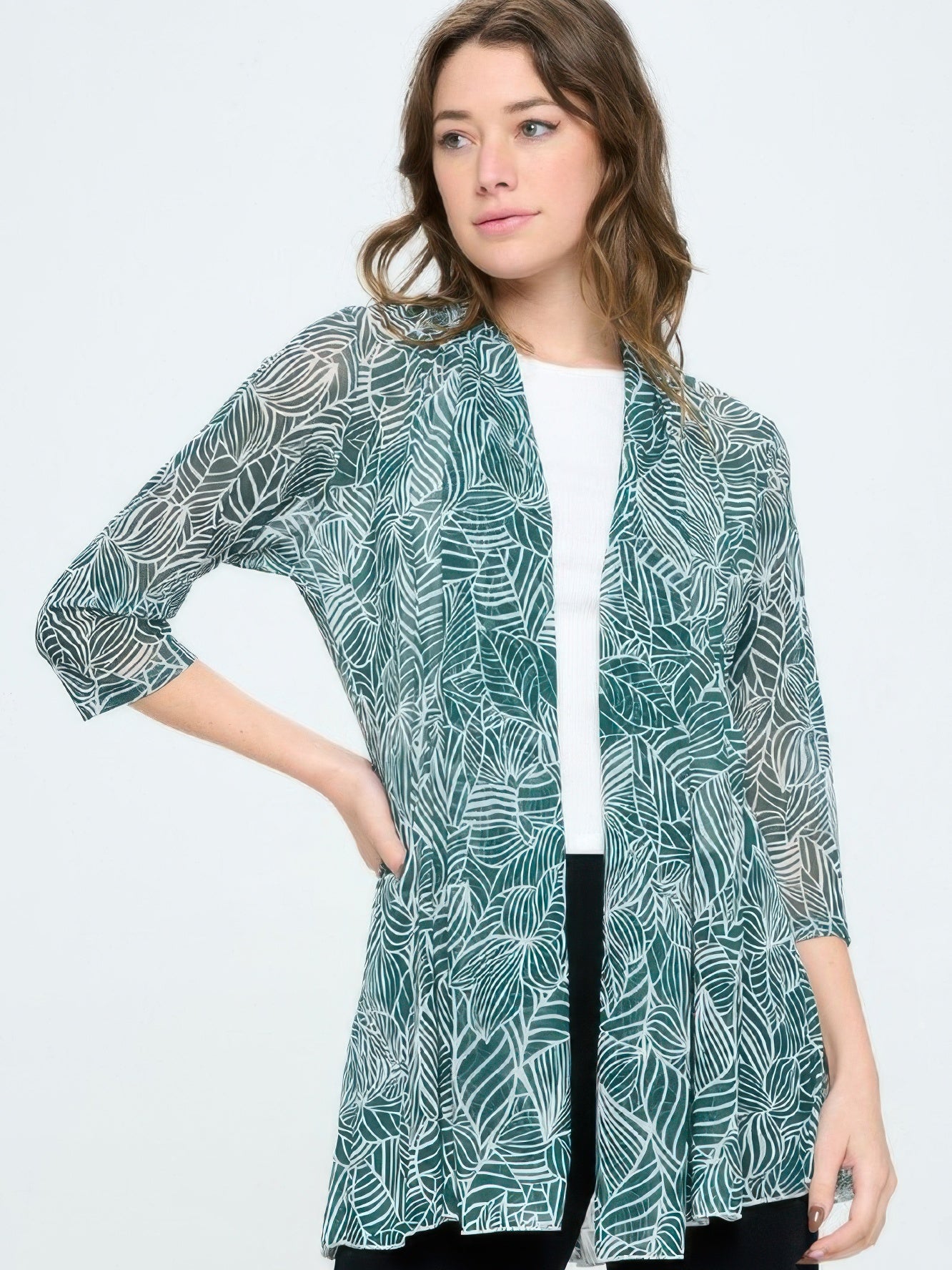 Plus Size Mrs Princess Jacket in green leaf print, perfect for stylish layering and comfort, available at Shop Netscape.