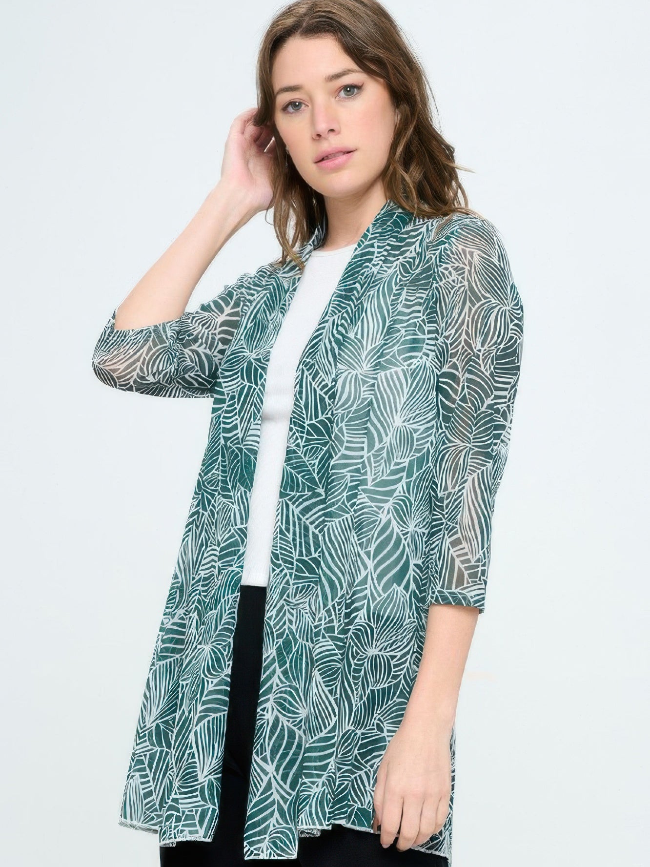 Plus Size Mrs Princess Jacket in green leaf print, featuring a lightweight design for stylish layering.