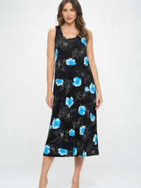 Sleeveless And Soft Round-Neckline Long dress with blue floral print on a black background