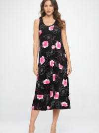 Sleeveless And Soft Round-Neckline Long dress featuring vibrant floral prints in pink on a black background.