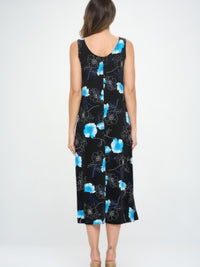 Sleeveless And Soft Round-Neckline Long floral dress, back view, featuring vibrant blue prints on a black background.