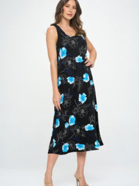 Sleeveless And Soft Round-Neckline Long dress featuring a floral print in blue and black, perfect for any occasion.