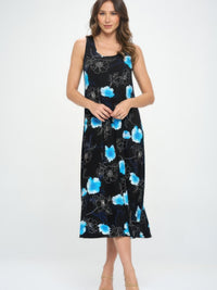 Sleeveless And Soft Round-Neckline Long dress featuring vibrant blue floral prints on a black background.